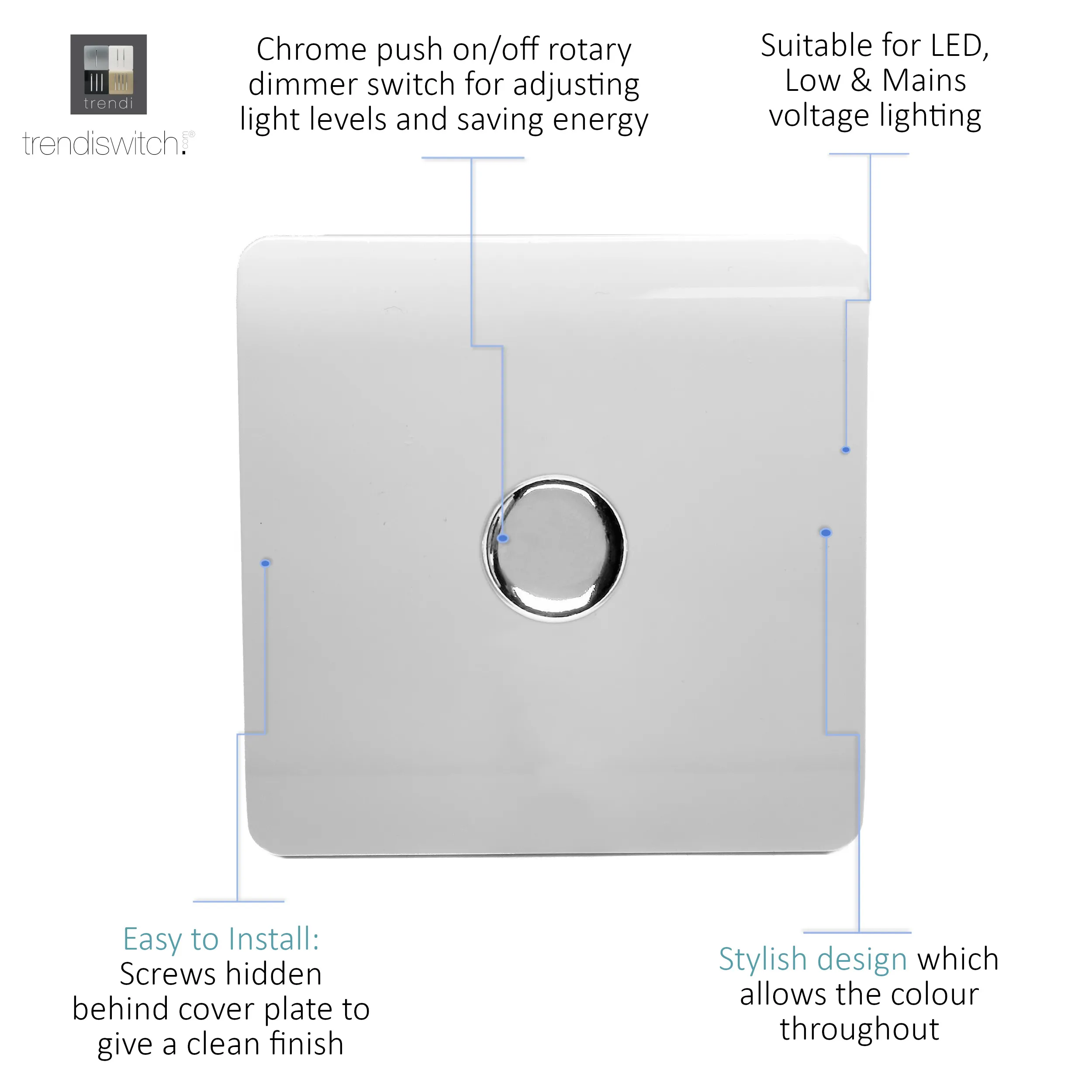 1 Gang 1/2 Way LED Dimmer Switch Ice White ART-LDMWH  Trendi Ice White